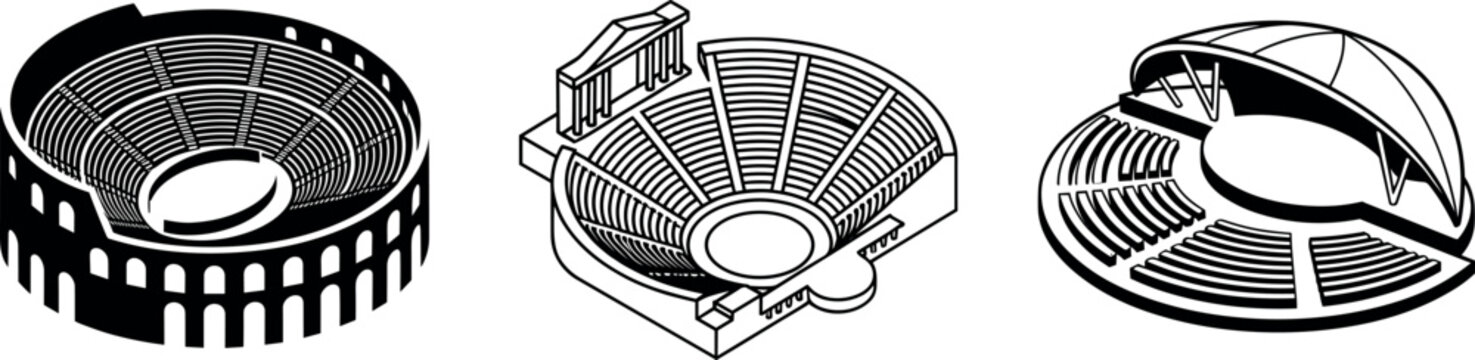 Ancient Roman Colosseum, Greek Theater, and Modern Outdoor Amphitheater Vector Icon Set