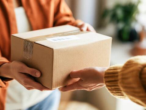 Woman receiving cardboard package delivery at home from courier service, hands exchanging parcel at doorstep
