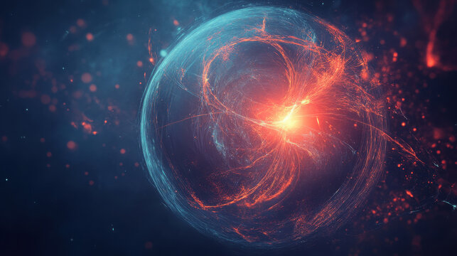 Abstract glowing energy sphere with swirling red with light dark space art
