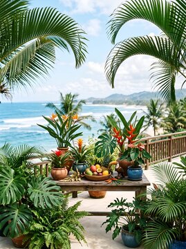 Tropical balcony terrace with ocean view, wooden table with fresh exotic fruits and potted plants, lush resort villa paradise