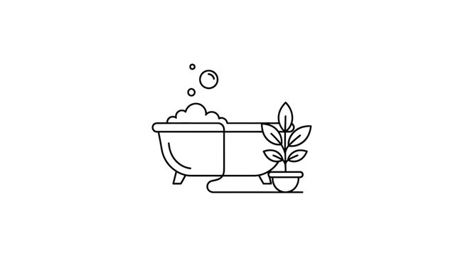 Bathtub and Potted Plant Line Art Icon - Self-Care and Relaxation Concept