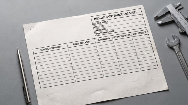 Machine maintenance log sheet with tools on desk.