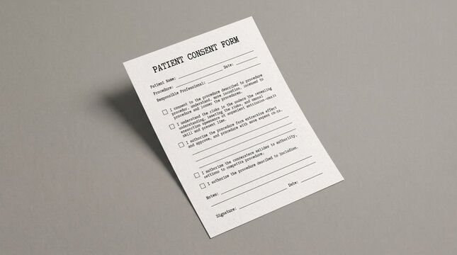Patient consent form document on grey desk surface.