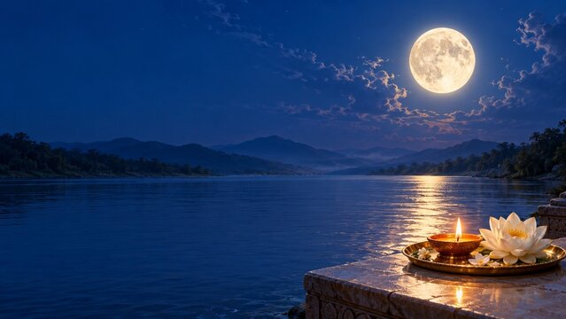 Full moon purnima night river offering with burning diya oil lamp and white lotus flowers on brass thali for holy ritual ceremony