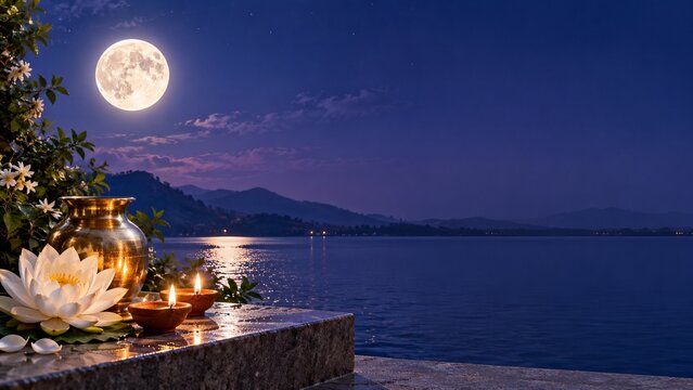 Purnima night worship setup with sacred brass kalash water pot white lotus and burning oil lamps on stone riverbank under glowing full moon