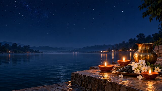 Quiet amavasya new moon night ritual setup with glowing diya oil lamps brass kalash pot and white flowers on river stone bank