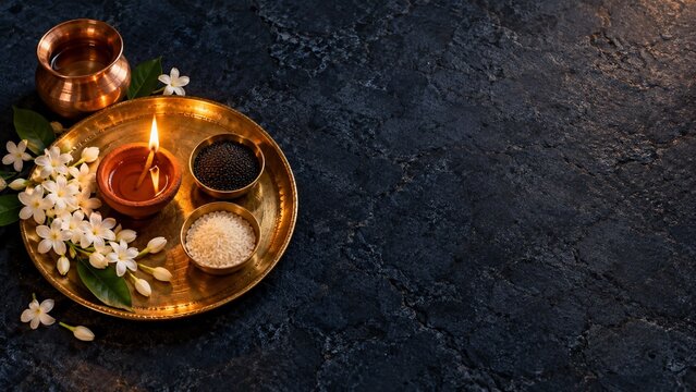 Traditional amavasya puja thali with glowing brass diya oil lamp black sesame seeds rice grains and white flowers for ancestral offering ritual