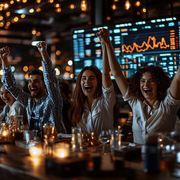 Exciting group of diverse corporate professionals celebrating a big win in front of a digital stock market data screen