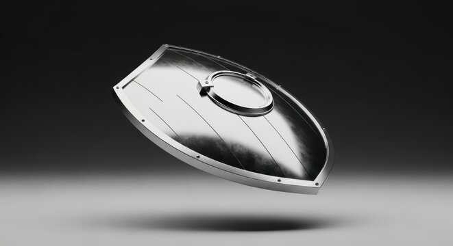 A 3D rendered illustration of a floating polished silver chrome shield with a central circular boss and metallic rivets on a dark gradient background with a soft shadow below.
