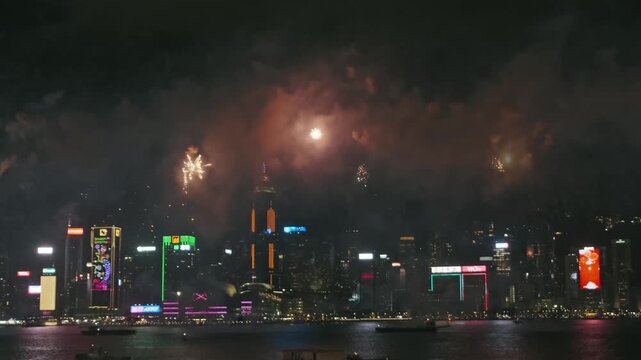 Chinese New Year beautiful fireworks at Victoria habour, Hong Kong, 4k