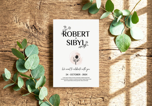 Wedding Invitation Card Mockup on Wooden Surface