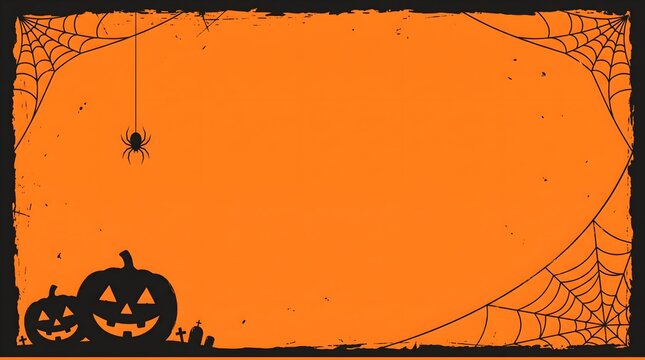 Halloween background with carved pumpkins spiderwebs and spider. Spooky vector banner