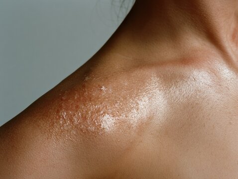 Close up of sweaty shoulder and collarbone with shimmering skin texture