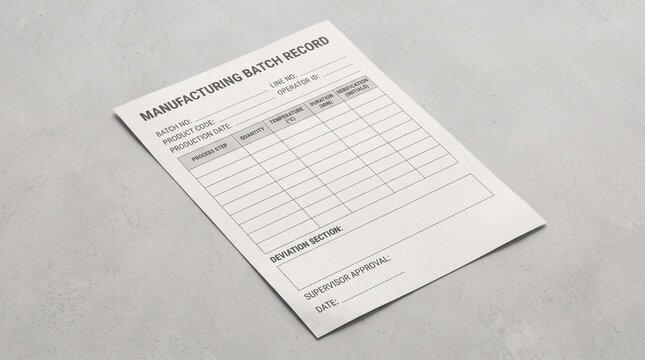 Manufacturing batch record document template on grey table.