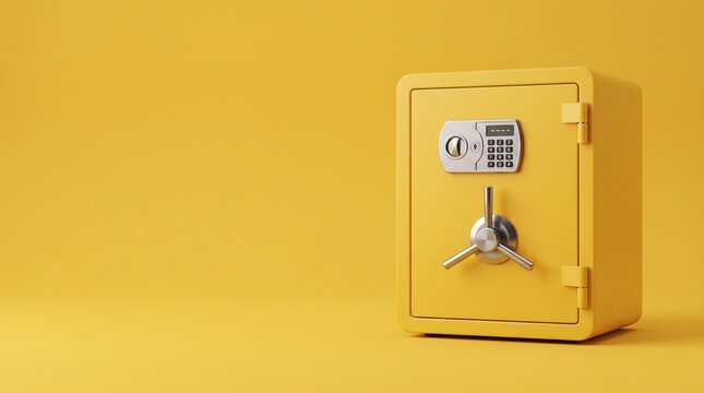 Luxury golden safe isolated on vibrant yellow background, financial security concept, protected assets, wealth management, secure storage, minimal design, premium protection.