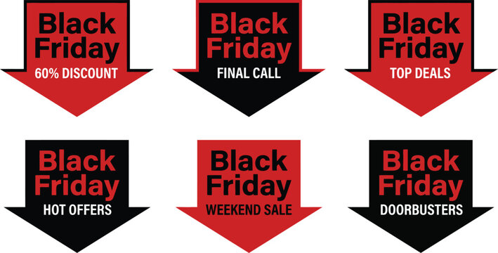 Black Friday sale arrow labels, set of 6 promotional discount tags in red and black, retail marketing badges for weekend deals and final call offers
