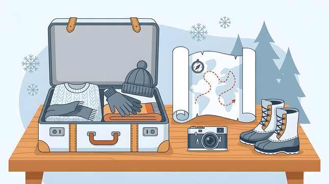 Open suitcase with travel items on a wooden table