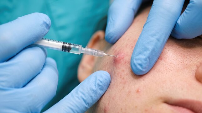 Medical professional administering an intralesional steroid injection into a patient's inflamed cystic acne pimple on the cheek.