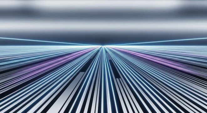 Abstract perspective of glowing blue and purple parallel lines converging into a distant horizon point