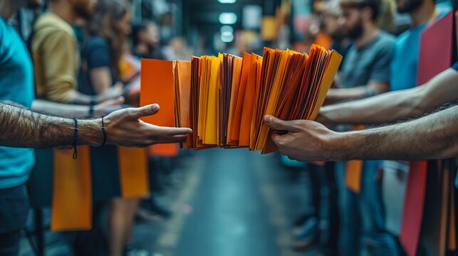 Close-up of corporate hands exchanging a stack of bright orange folders in a blurred professional office setting