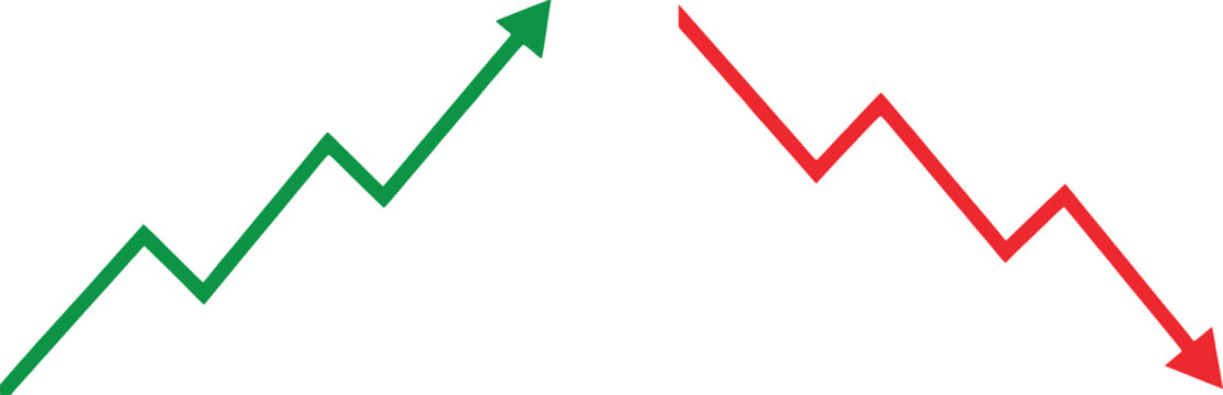 Green upward growth arrow and red downward decline arrow representing financial market trends