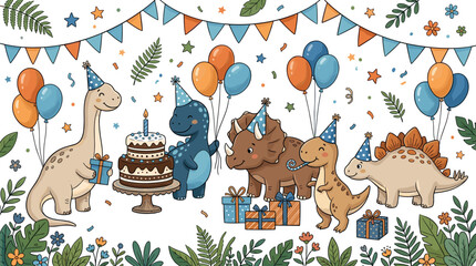 Cute Cartoon Dinosaur Birthday Party Illustration Vector Banner with Dino Characters Cake Balloons Gifts and Bunting Garlands for Kids Celebration Backdrops © Sohel