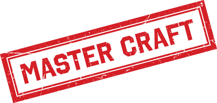 A distressed red grunge rubber stamp containing the text Master Craft within a rectangular border
