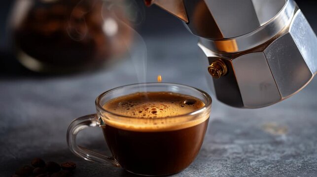 Freshly brewed coffee pouring from an italian moka pot into a transparent glass cup on a dark table