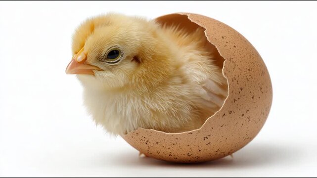 Adorable newborn chick chirping from a broken eggshell, isolated on a white background