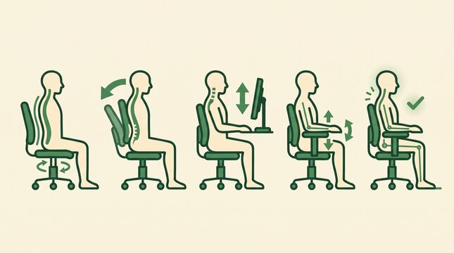 Ergonomic sitting posture guide, correct office chair adjustment icons, human silhouettes with spine alignment, green and beige flat vector illustration for workplace health