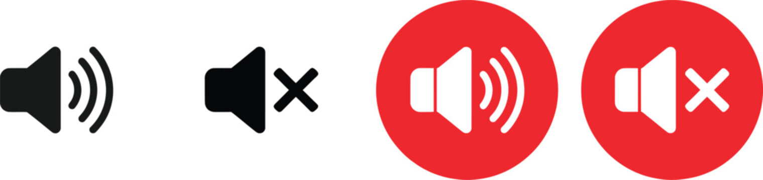 Set of speaker volume and mute icons with sound waves and cross symbols in black and red colors