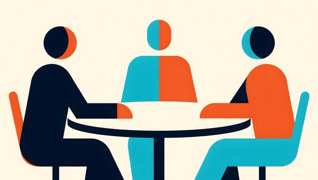 Three abstract figures sit around round table in colorful meeting room for discussion and collaboration.