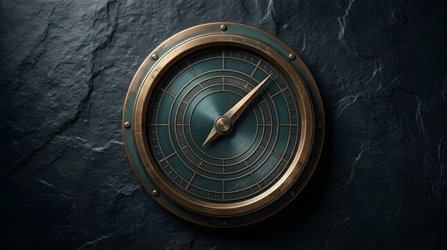 Vintage maritime compass with antique copper bezel and steel dial face on dark slate texture.