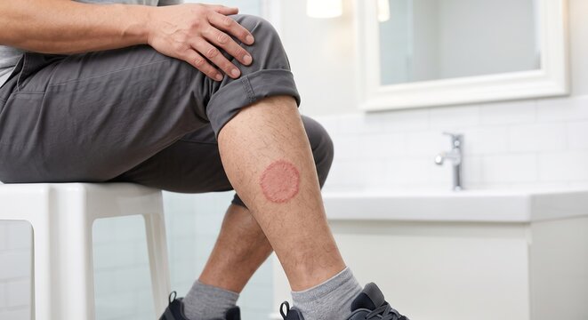 Adult man sitting in a bathroom revealing a distinct circular red ringworm rash on his lower leg.