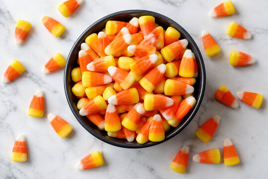 Halloween candy corn in a black bowl on a pale surface
