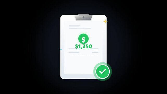 Financial earnings report on white clipboard displaying dollar currency symbol and income on dark background