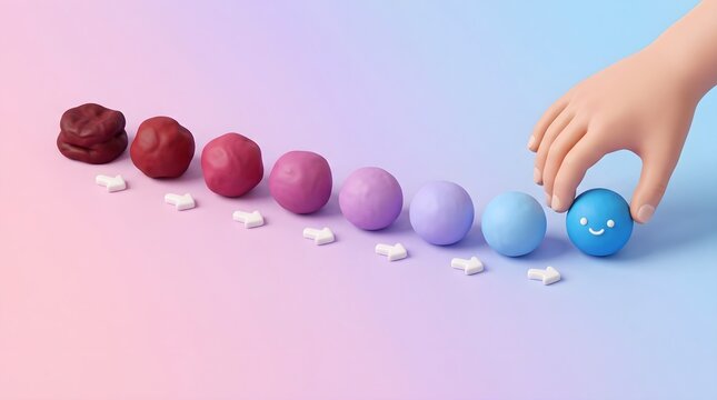 Positive mindset shift shown by a hand placing a blue smiling sphere. Concept of customer satisfaction journey and business service improvement.