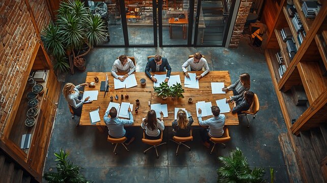 High angle view of a diverse corporate team having a collaborative meeting around a wooden table in a modern industrial office