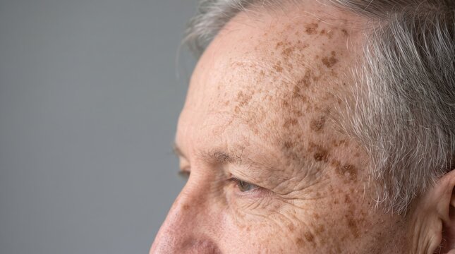 Detailed profile shot of a senior man's forehead exhibiting pronounced age spots, hyperpigmentation, and sun damage.