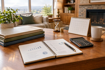 Obraz premium Cozy home office wooden desk setup featuring a spiral notebook with charts and a pen, a desk calendar, an hourglass, a calculator, a coffee mug, and stacked books in a bright living room int