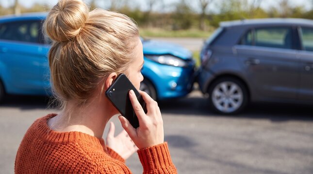 Young woman making emergency call on smartphone following vehicle collision