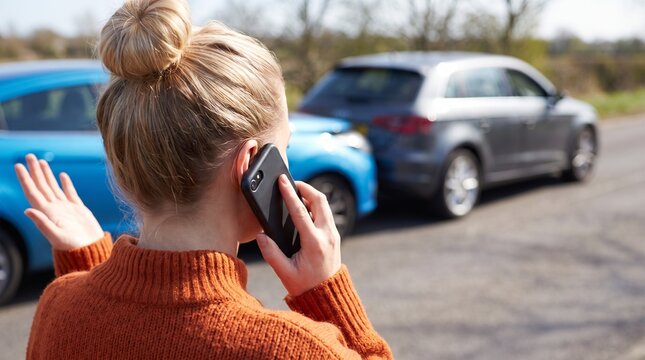 Stressed Driver Calling for Assistance After a Rear End Car Accident on a Rural Roadway