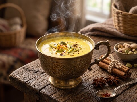 Steaming hot saffron milk in ornate brass cup with pistachio cardamom cinnamon and star anise on rustic wooden table