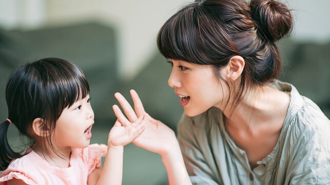 Young mother talking and interacting playfully with her cute little daughter indoors