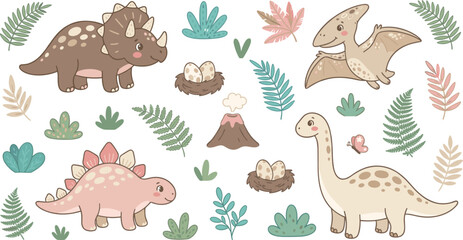 Cute Dinosaur Vector Set with Triceratops Stegosaurus Brachiosaurus Volcano and Prehistoric Fern Leaves for Baby Nursery Decor and Kids Birthday Card Designs © Sohel