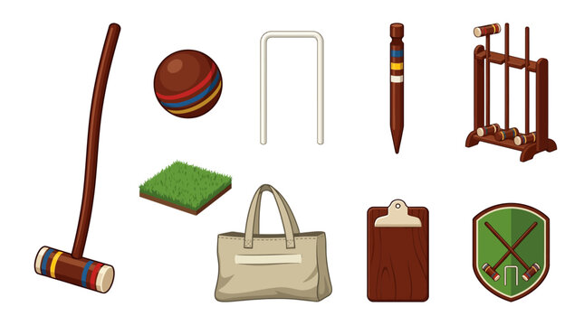 Wooden croquet mallet and striped ball with wicket hoop for traditional lawn croquet games