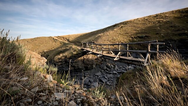 Rustic Wooden Footbridge Across Dry Rocky Ravine