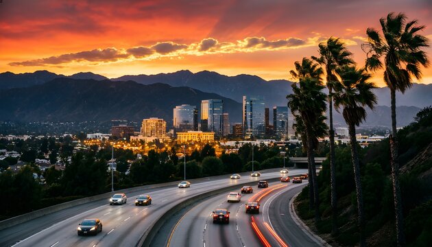 Los Angeles skyline at sunset with palm trees and busy freeway