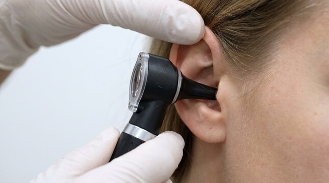 Professional doctor using otoscope to check a patient's ear during a medical exam