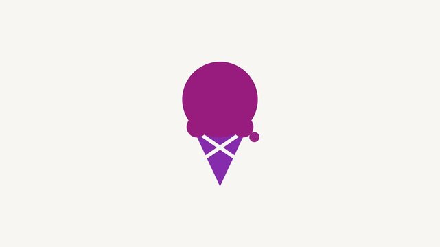 Seamless 4K looping animation of a flat ice cream cone icon in purple and violet, centred on a clean light background with plenty of copy space. Simple two tone vector shapes and smooth motion. Horizo